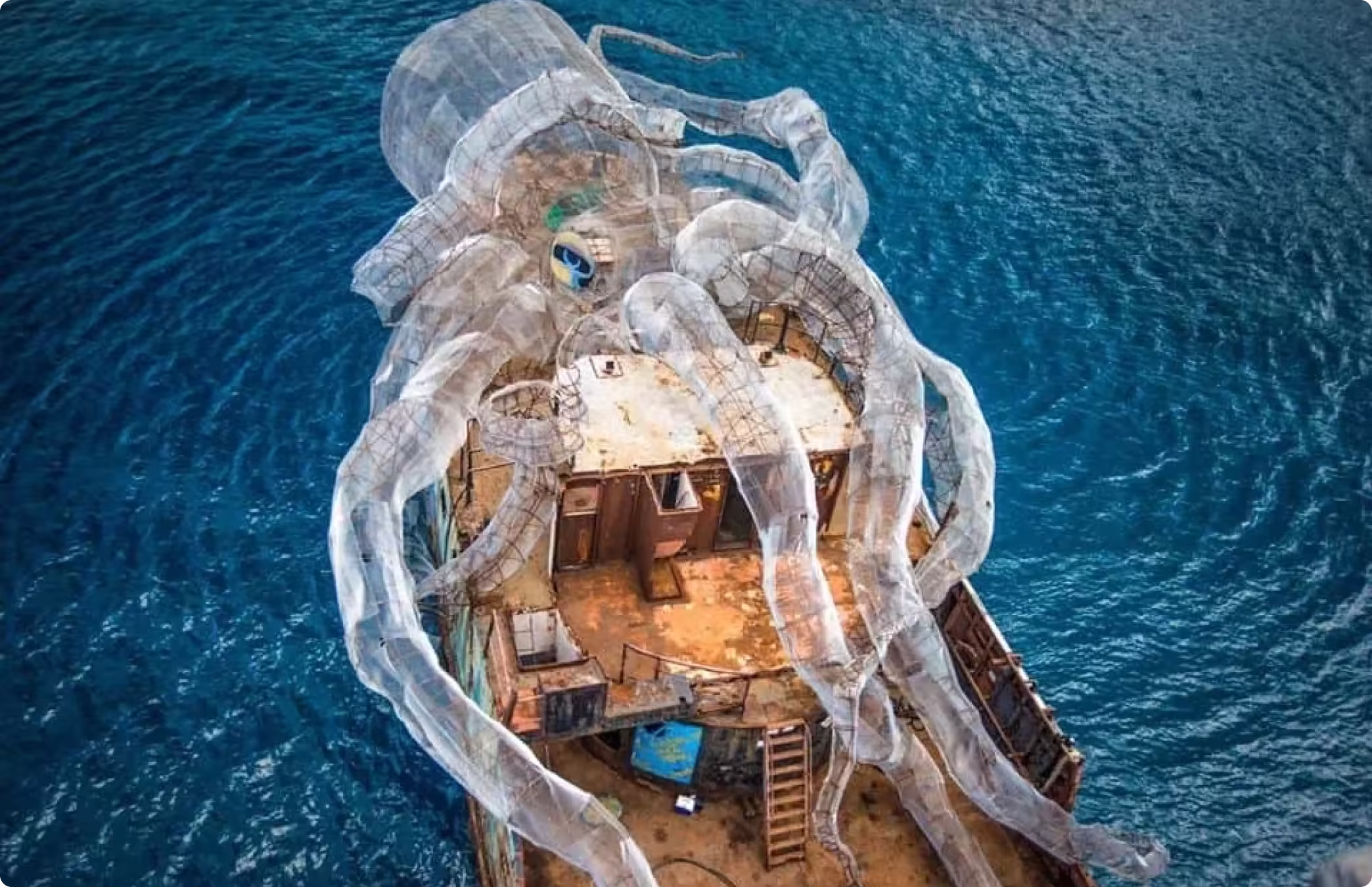 artwork of giant octopus wrapped around a ship